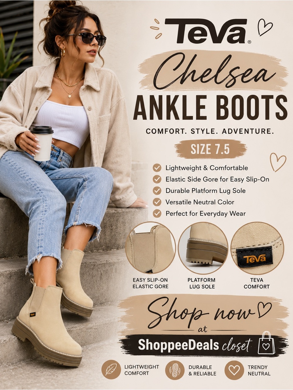 Teva Women’s Chelsea Ankle Boots – Beige/Cream Platform Lug Sole – Size 7.5M